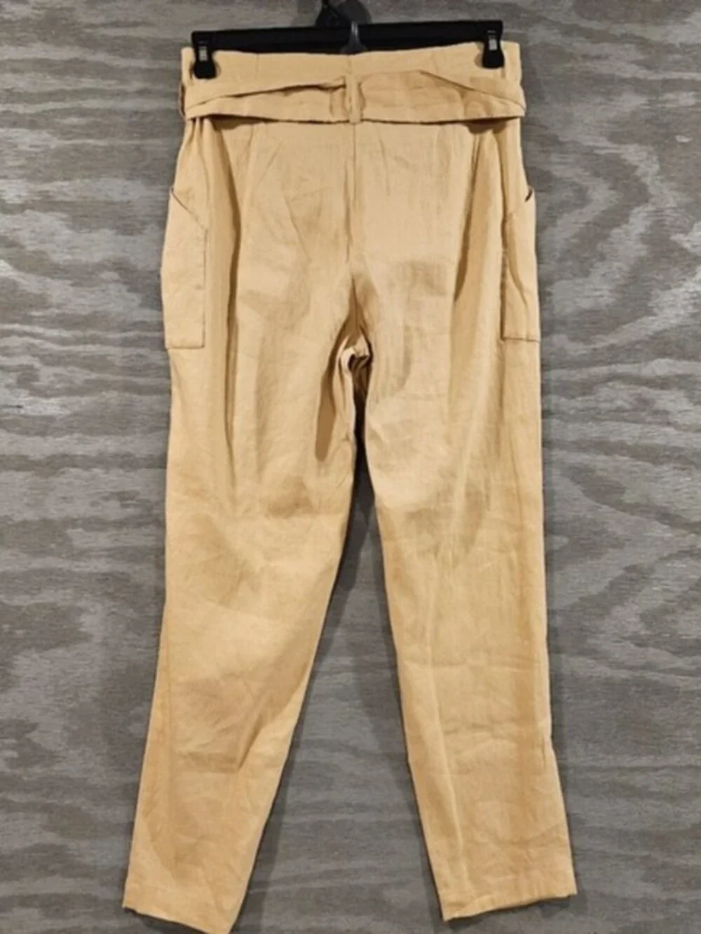 Calvin Klein SZ 4 Tan Belted Paper Bag Pleated Linen Blend Pant Baggy Tapered